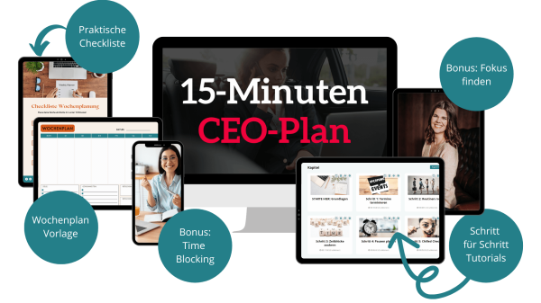 Mockup CEO Plan Mit dem 15-Minuten CEO Plan baust du dir in unter einer Stunde pro Woche einen klaren Fokus â ohne Stress, ohne Chaos.
